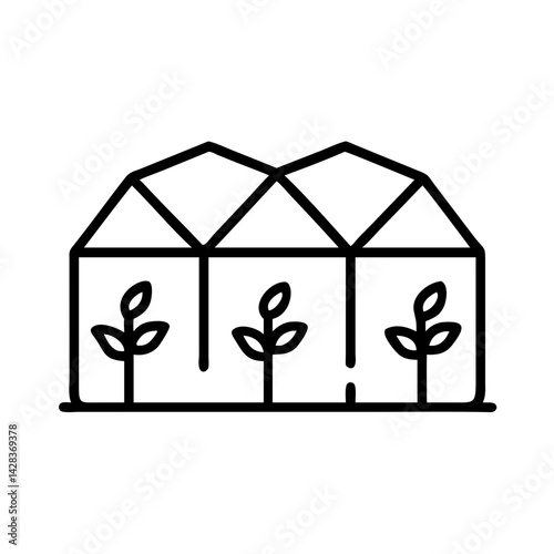 Simple linear icon of a greenhouse with plants inside, clean vector style