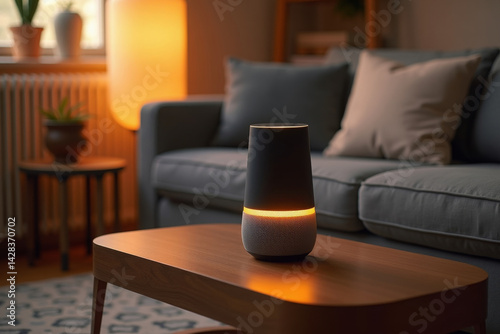 smart speaker with glowing voice activation rings, placed in a cozy living room, warm tones, advanced audio tech