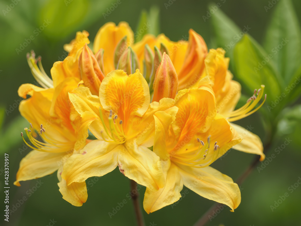 Obraz premium A stunning close-up shot showcasing the vibrant yellow petals of an Azalea flower in full bloom.