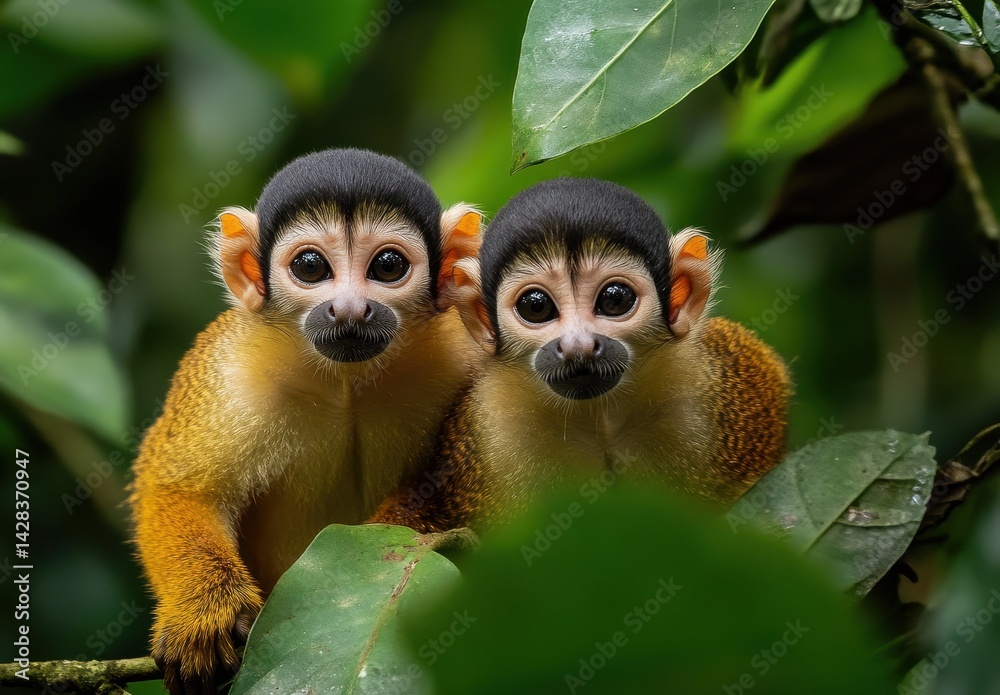 Two Curious Monkeys with Bright Eyes and Playful Expressions Surrounded by Lush Green Foliage in a Tropical Rainforest Two Curious Monkeys with Bright Eyes and Playful Expressions Surrounded by Lush Green Foliage in a Tropical Rainforest