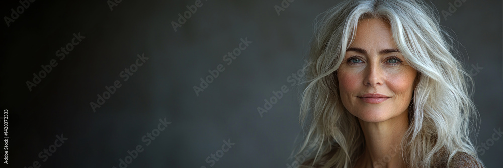 Confident mature woman with long silver wavy hair smiling gently against dark blurred background in soft natural lighting Generative AI
