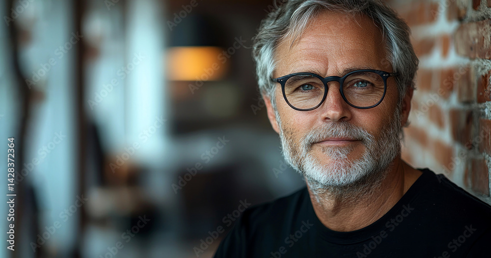 Stylish mature man with salt and pepper beard wearing round glasses leaning against brick wall indoors with soft natural light Generative AI