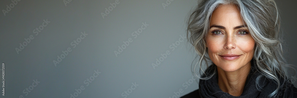 Beautiful mature woman with long gray hair smiling confidently while standing against neutral gray background in soft lighting Generative AI