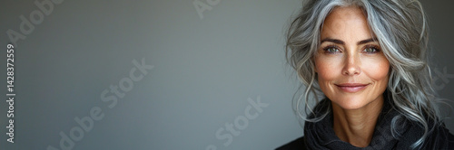 Obraz na płótnie Beautiful mature woman with long gray hair smiling confidently while standing against neutral gray background in soft lighting Generative AI w salonie