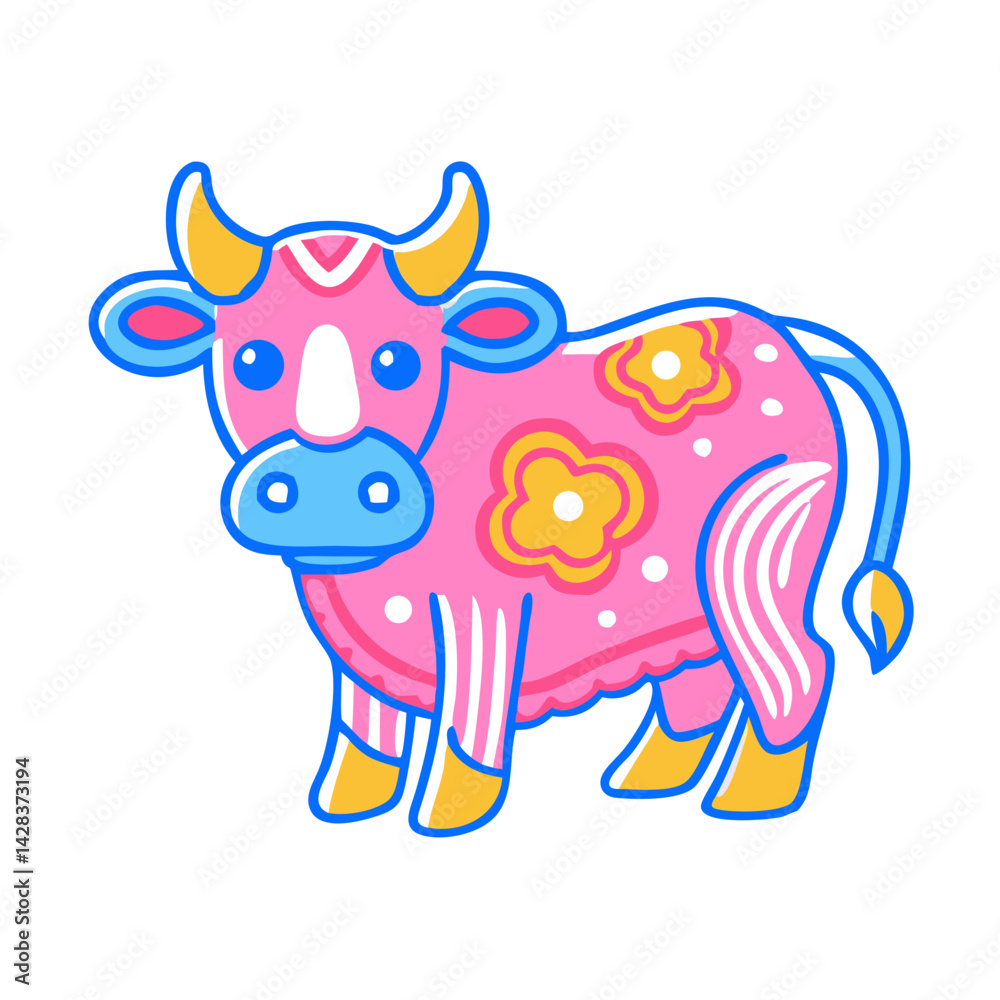 Fototapeta premium Colorful Cartoon Cow with Flowers on White Background