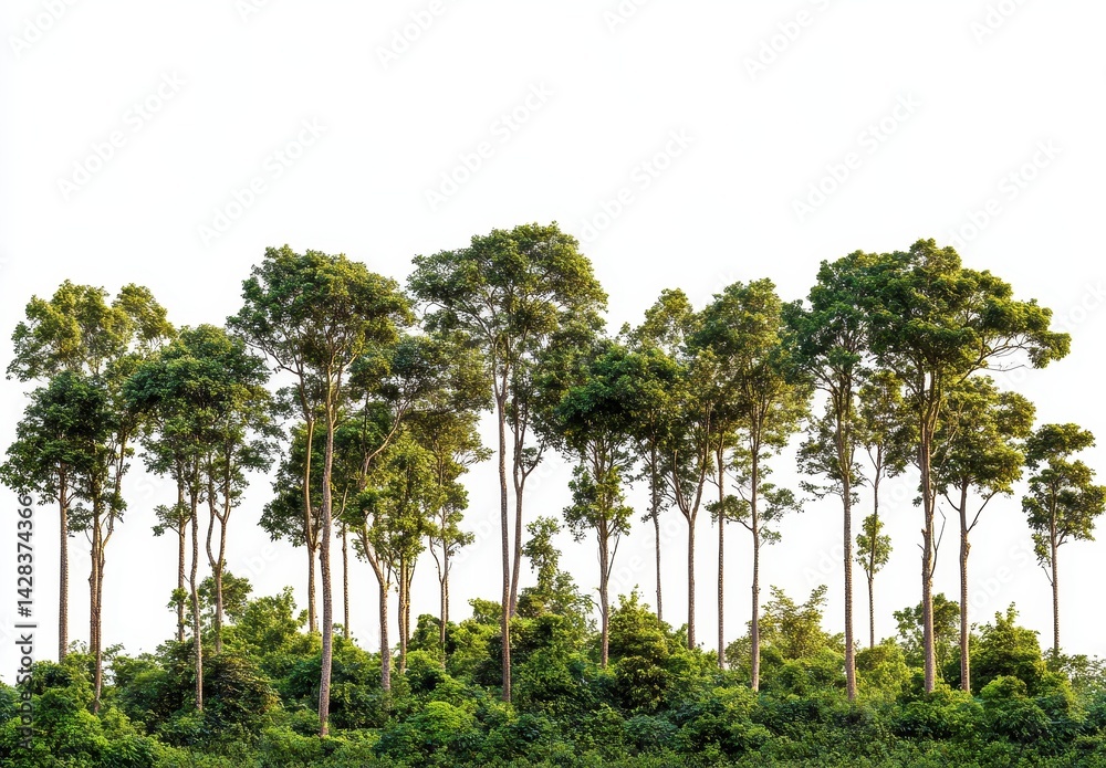 Naklejka premium Tall Green Trees Standing in a Lush Forest with Bright Sky in the Background, Ideal for Nature and Outdoor Themes in Stock Photography