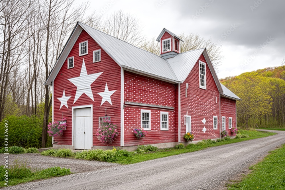 A barn with large painted flag and hanging red white and blue stars A barn with large painted flag and hanging red white and blue stars