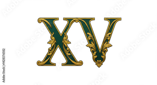 Ornate Roman numeral XV with intricate gold design on green background
