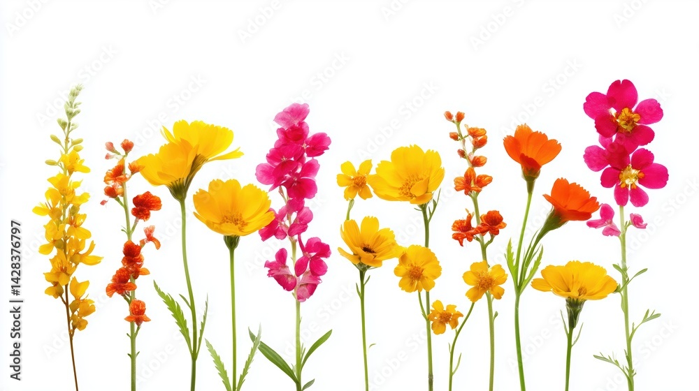 Fototapeta premium Colorful wildflowers on white background, spring floral collection