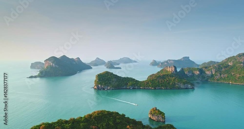 Aerial view capturing Mu Ko Ang Thong National Marine Park, an enchanting archipelago of 42 islands with stunning limestone cliffs and crystal-clear turquoise waters