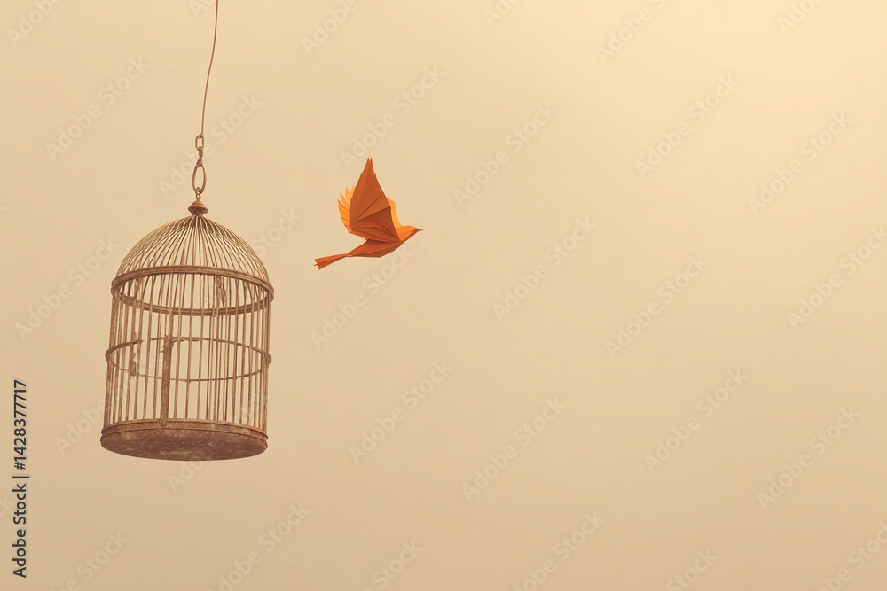 Fototapeta Empty rusty birdcage hangs, orange origami bird flies free, symbolizing freedom, hope, and new beginnings against a beige background, free space for text