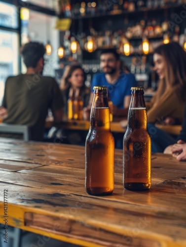 A photo of two bottles of amber beer in the foreground, they are on a wooden table, while in the background you can see a group of Latin people talking