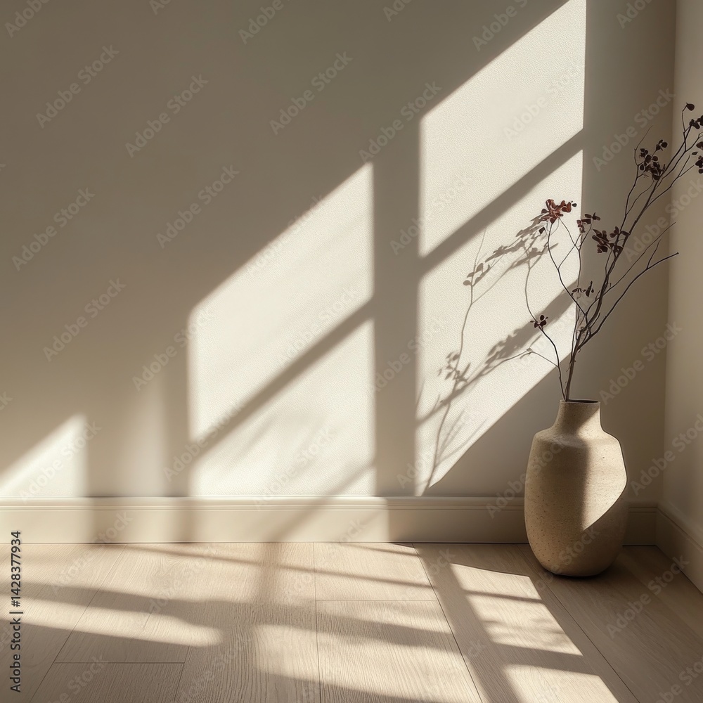 A serene indoor scene featuring soft natural light casting shadows on a minimalist wall. A simple vase holds delicate branches, creating a calming atmosphere. Ideal for decor inspiration. AI