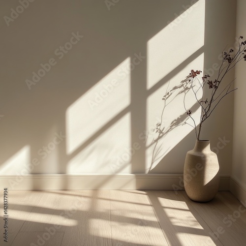 Obraz na płótnie A serene indoor scene featuring soft natural light casting shadows on a minimalist wall. A simple vase holds delicate branches, creating a calming atmosphere. Ideal for decor inspiration. AI w salonie