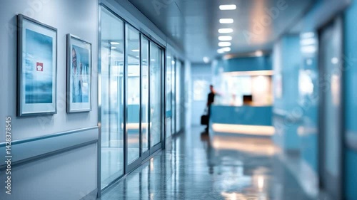 Modern hospital hallway, bright lights, glass doors and framed artwork