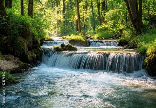 Serene Waterfall Cascades Through Lush Green Forest with Sunlight Filtering Through Leaves and Gentle Stream Flowing Over Rocks and Mossy Terrain