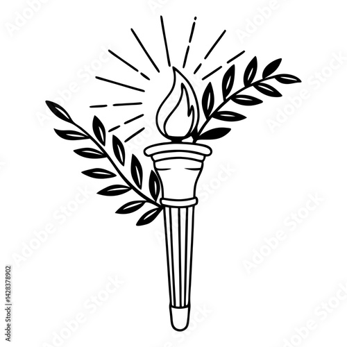Torch flame with leafy branch logo icon. Green torch knowledge vector.