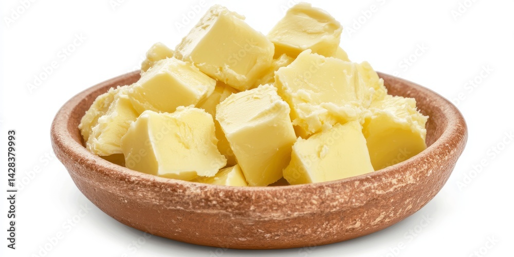 Fresh and creamy butter cubes are piled in a rustic bowl. Ideal for cooking and baking, this image showcases the richness of dairy products in a natural style.