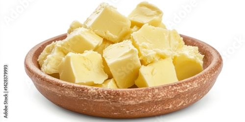 Fresh and creamy butter cubes are piled in a rustic bowl. Ideal for cooking and baking, this image showcases the richness of dairy products in a natural style. 