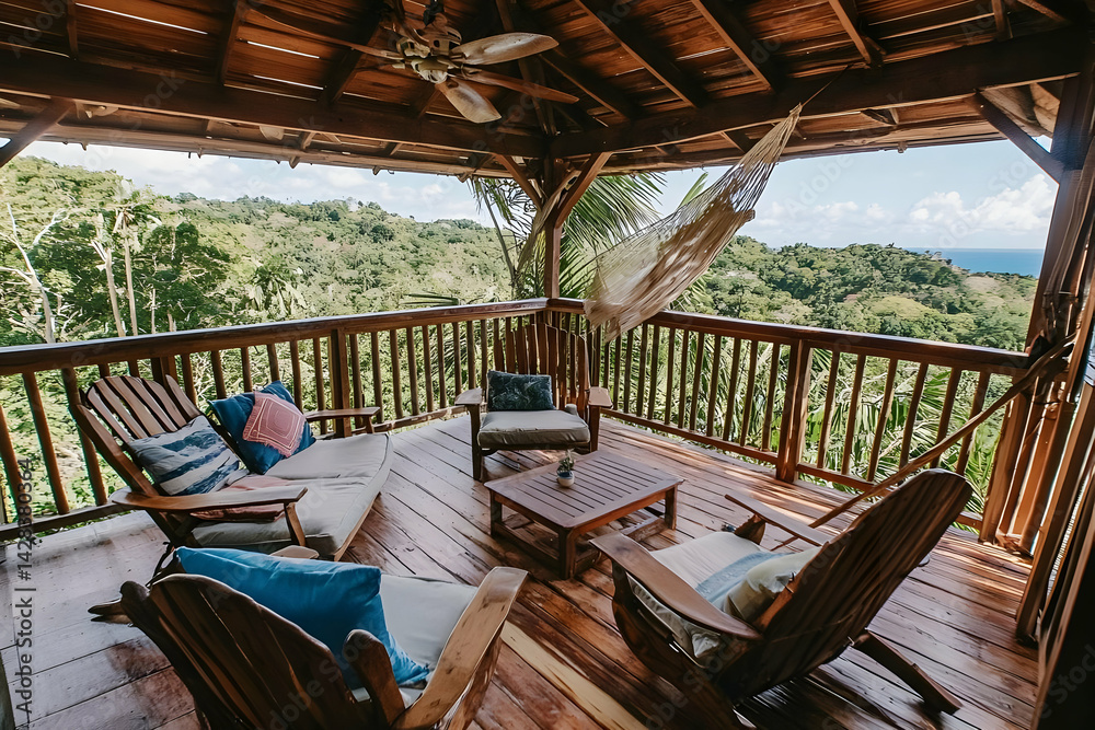 Fototapeta premium Serene Hilltop Deck with Panoramic Jungle Views