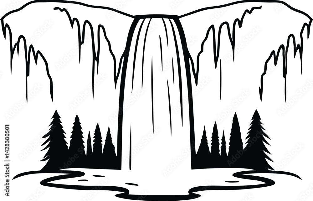 Frozen Waterfall Scene Logo Of Silhouette Vector, cold mountain, peaceful, beauty in nature, artistic design