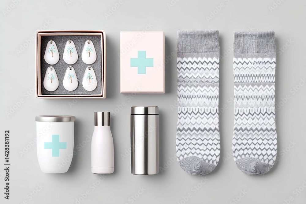 Obraz premium A flat lay of nurse appreciation gifts including badge reel socks and tumbler