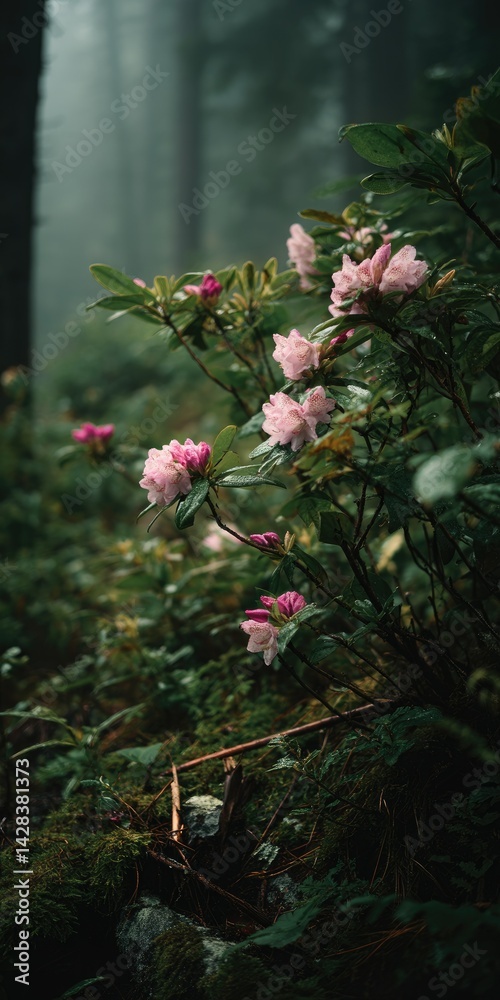 Fototapeta premium Misty Forest Rhododendrons: A Serene Floral Scene