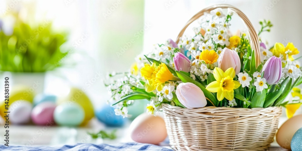 A beautiful wicker basket filled with colorful flowers and decorated eggs. Perfect for spring time and Easter celebrations. Captures the essence of renewal and joy. AI