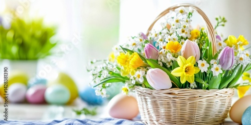Obraz na płótnie A beautiful wicker basket filled with colorful flowers and decorated eggs. Perfect for spring time and Easter celebrations. Captures the essence of renewal and joy. AI w salonie