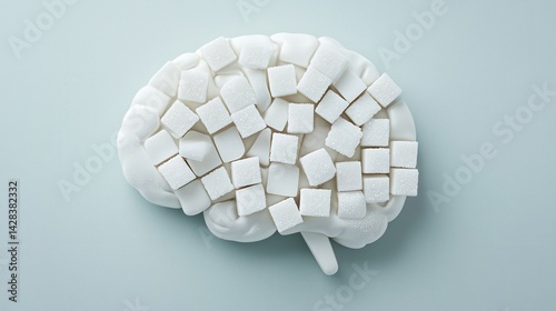 A creative representation of a brain made from sugar cubes, symbolizing the impact of sugar on mental health and cognitive function.