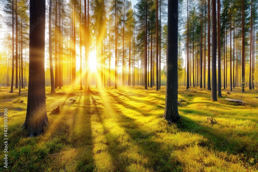 Fototapeta premium Sun rays shining through pine trees in forest illuminating mossy ground with golden morning light
