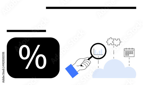 Magnifying glass over analytics graph links cloud to percentage symbol, puzzle piece, and calendar. Ideal for data analysis, statistics, cloud computing, organization, problem-solving, business