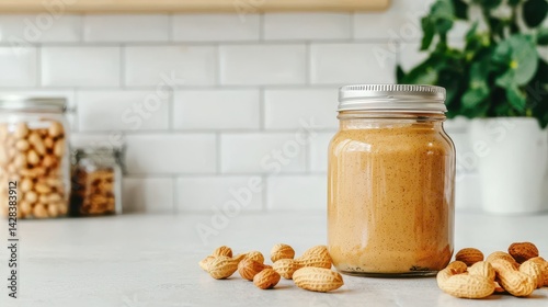 A glass jar filled with smooth peanut butter sits on a countertop, surrounded by scattered peanuts and a green plant in the background.