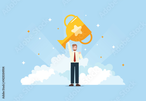 Happy businessman holding a trophy. A businessman who wins from competition. Business career success concept and pride of victory. Vector illustration flat design style
