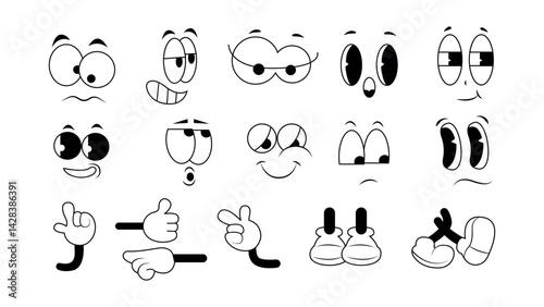 Set of funny facial expressions, hand gestures, foot poses in cartoon style. Vector illustration of linear, graphic retro characters with different emotions, eyes, smiles isolated on white background.