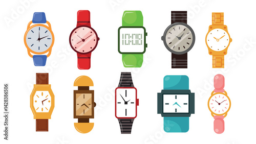 Set of wristwatches of different shapes in cartoon style. Vector illustration of electronic watches, with dial, hour hand, colored straps isolated on white background. Modern and vintage wristwatches.