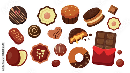 Set of delicious chocolate products in cartoon style.Vector illustration of sweet chocolate candies with glaze,chocolate bar in wrapper,cupcake,cookies with fillings,egg isolated on white background.