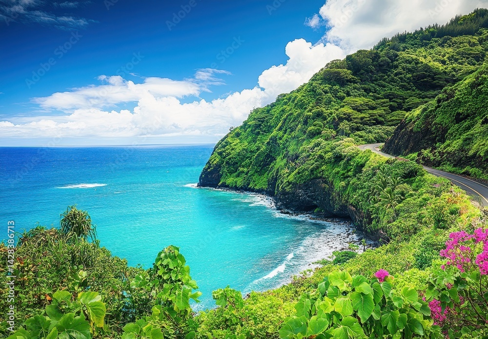 Naklejka premium Serene Coastal Landscape with Lush Green Cliffs, Vibrant Blue Ocean and Scenic Road Alongside Tropical Paradise in Bright Daylight