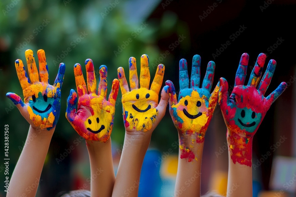 Colorful handprints with smiley faces create a joyful and playful atmosphere. This image captures the essence of childhood creativity and fun. Perfect for educational or artistic themes. AI
