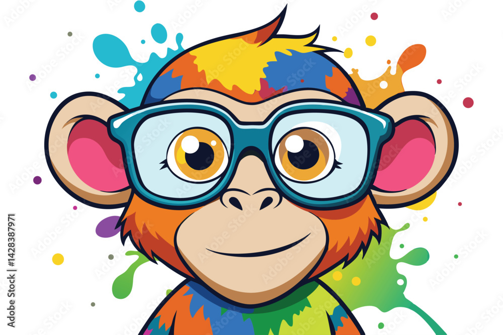 Fototapeta premium Colorful artistic monkey in with eyeglasses colorful paint splatters on white background