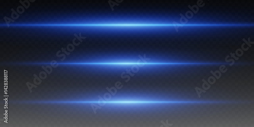 Set of neon blue light horizontal lines. On a transparent background.