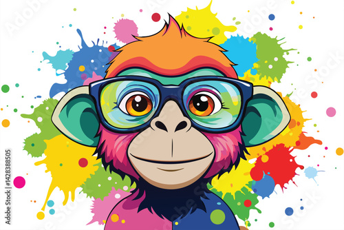 Colorful artistic  monkey  in with eyeglasses  colorful paint splatters on white background