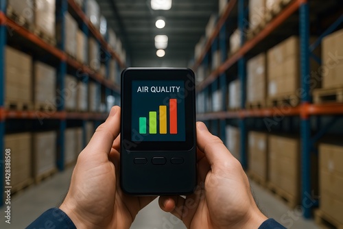 A person holds an air quality monitor in a warehouse, displaying color-coded levels of air quality on a digital screen.