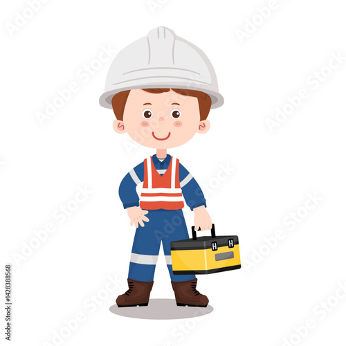  Industrial engineer with toolbox and safety vest, ready for maintenance task in cartoon style illustration. Vector isolated on a white background.