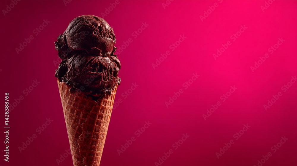 Triple-scoop dark chocolate ice cream cone against a vibrant pink background with copy space for text