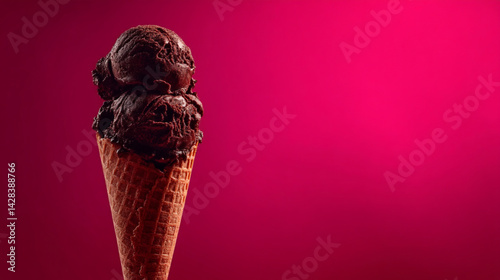 Obraz na płótnie Triple-scoop dark chocolate ice cream cone against a vibrant pink background with copy space for text w salonie