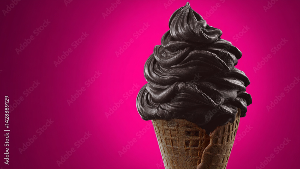 Triple-scoop dark chocolate ice cream cone against a vibrant pink background with copy space for text