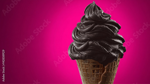 Obraz na płótnie Triple-scoop dark chocolate ice cream cone against a vibrant pink background with copy space for text w salonie