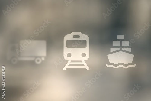 Transport icons representing truck, train, and ship on a blurred background.