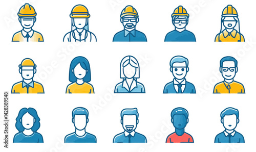Minimalist Staff Line Icons Set: Diverse Employees, Team Members, Colleagues Illustrations for Business